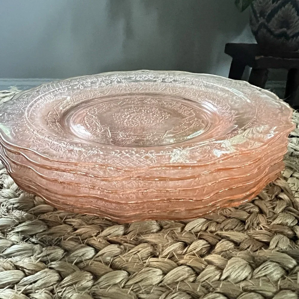 Federal Glass Normandie Bouquet Lattice Pink Depression Glass Salad Plates Set 8